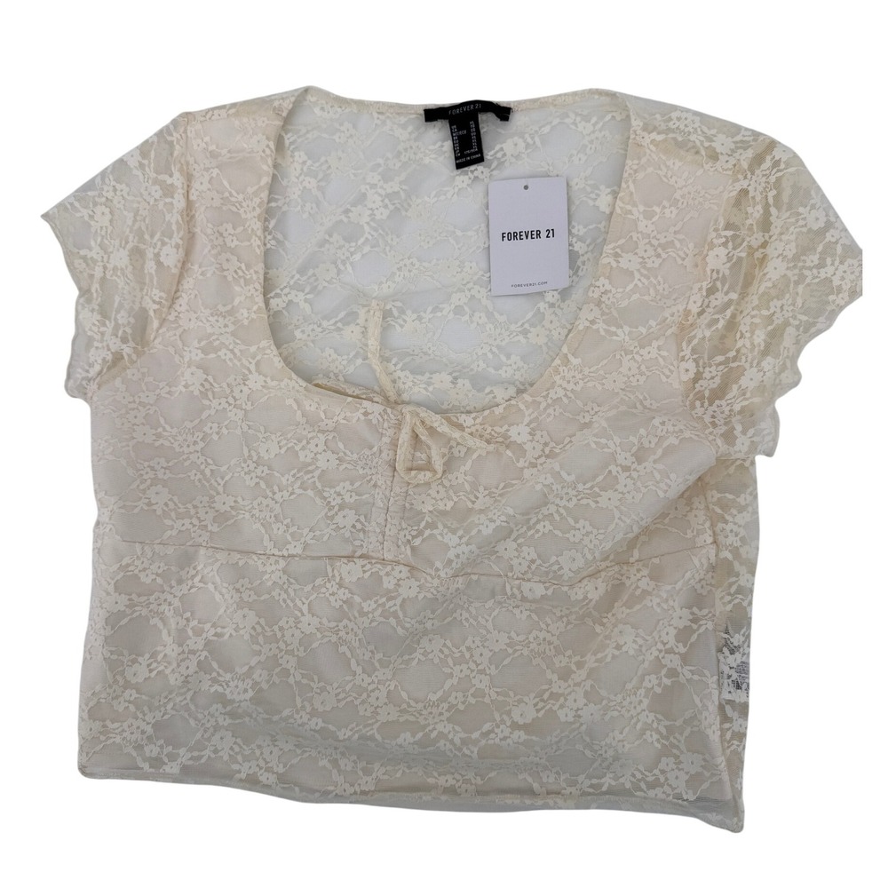 FOREVER 21 Lace Overlay Knit Crop Top Shirt White XL Lined Short Sleeve Bow New